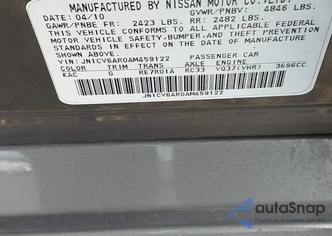 2010 Infiniti G37X from USA, damaged, VIN JN1CV6AR0AM459122